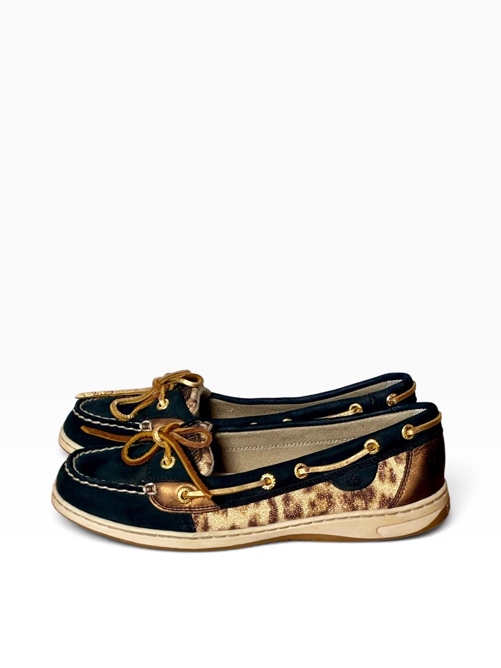 Sperry Angelfish Leopard Comfort Deck Boat Shoe Black, Tan, Bronze & Gold EUC
